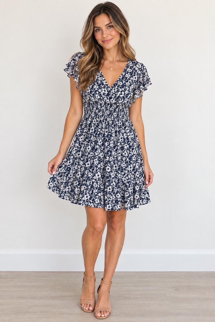 Rails Tara Navy White Floral Smocked Waist Flutter Sleeve Dress XL
